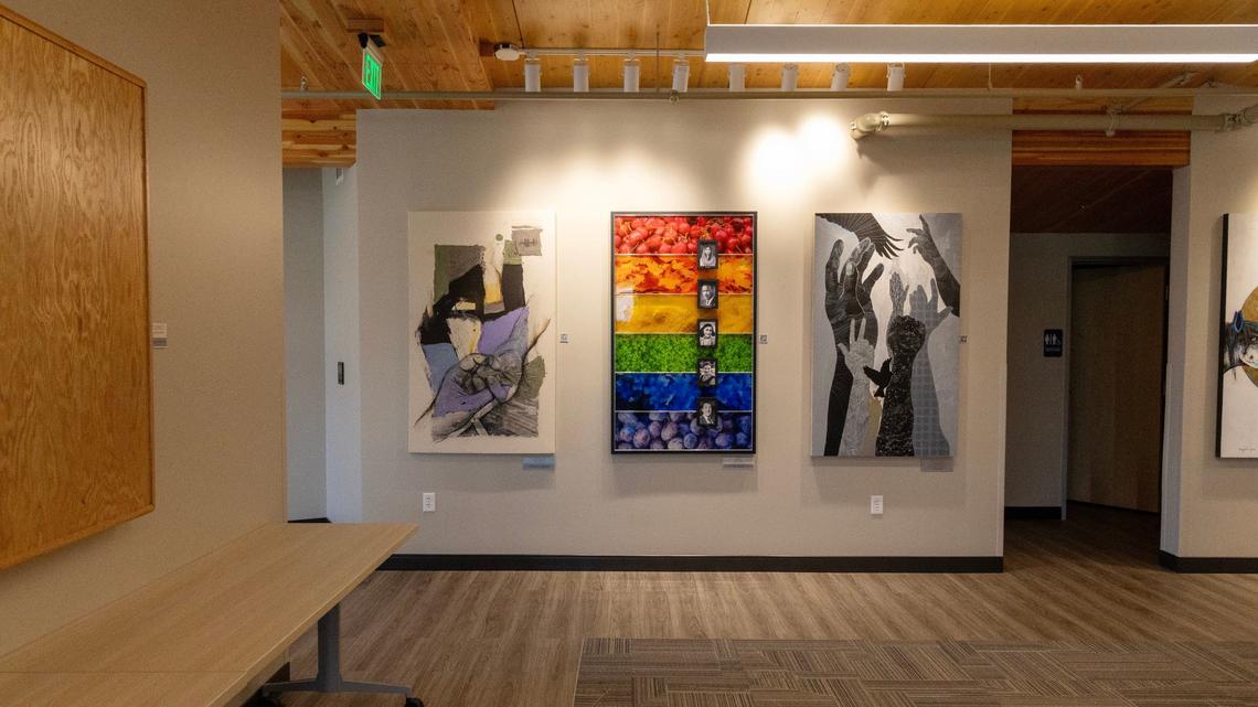 Art hangs on the walls inside the center. The building houses staff offices, art, a small library, a classroom and an interactive exhibit on the Holocaust.