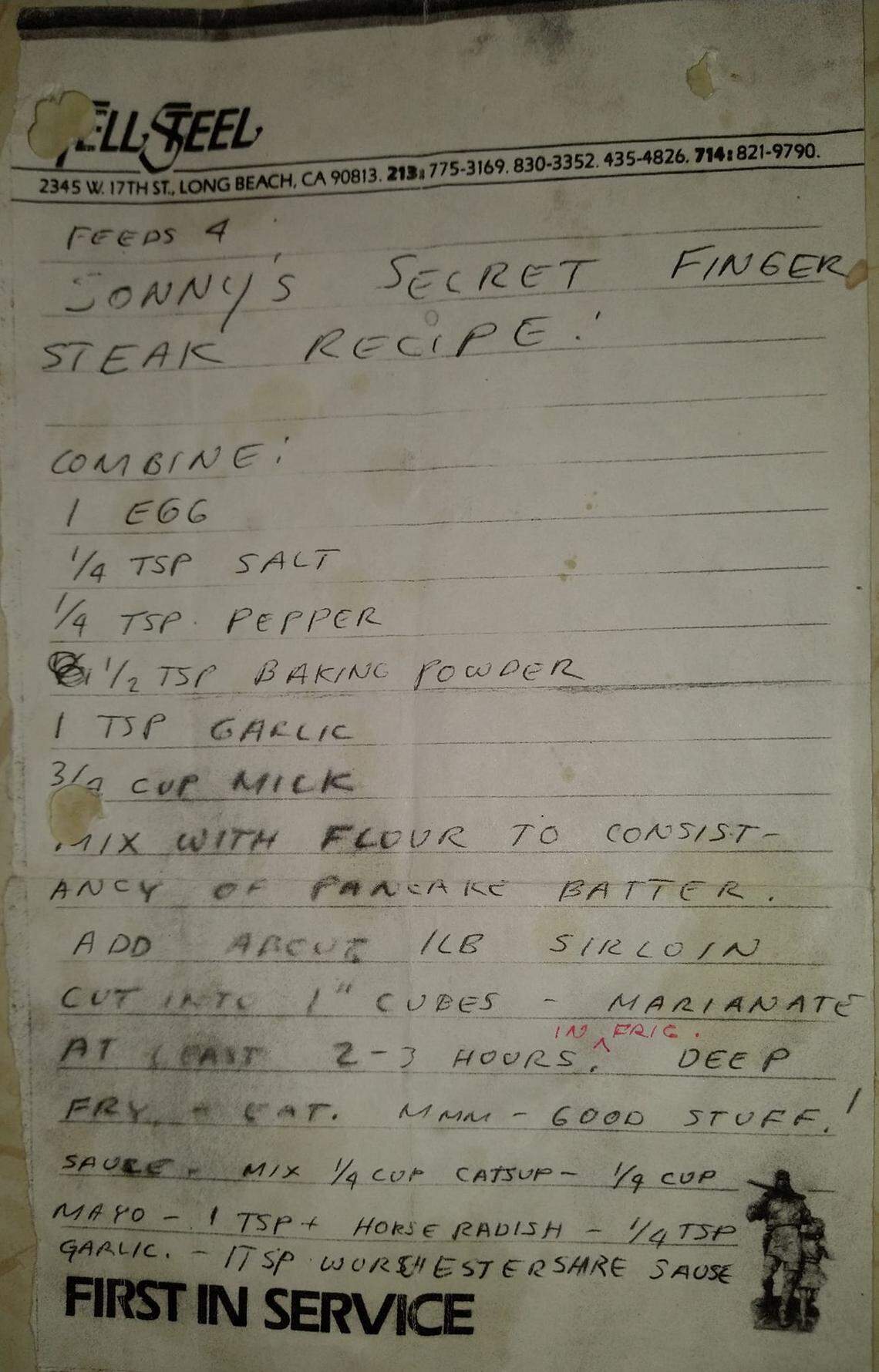 As shared a bazillion times on Facebook: “Sonny’s Secret Finger Steak Recipe.”