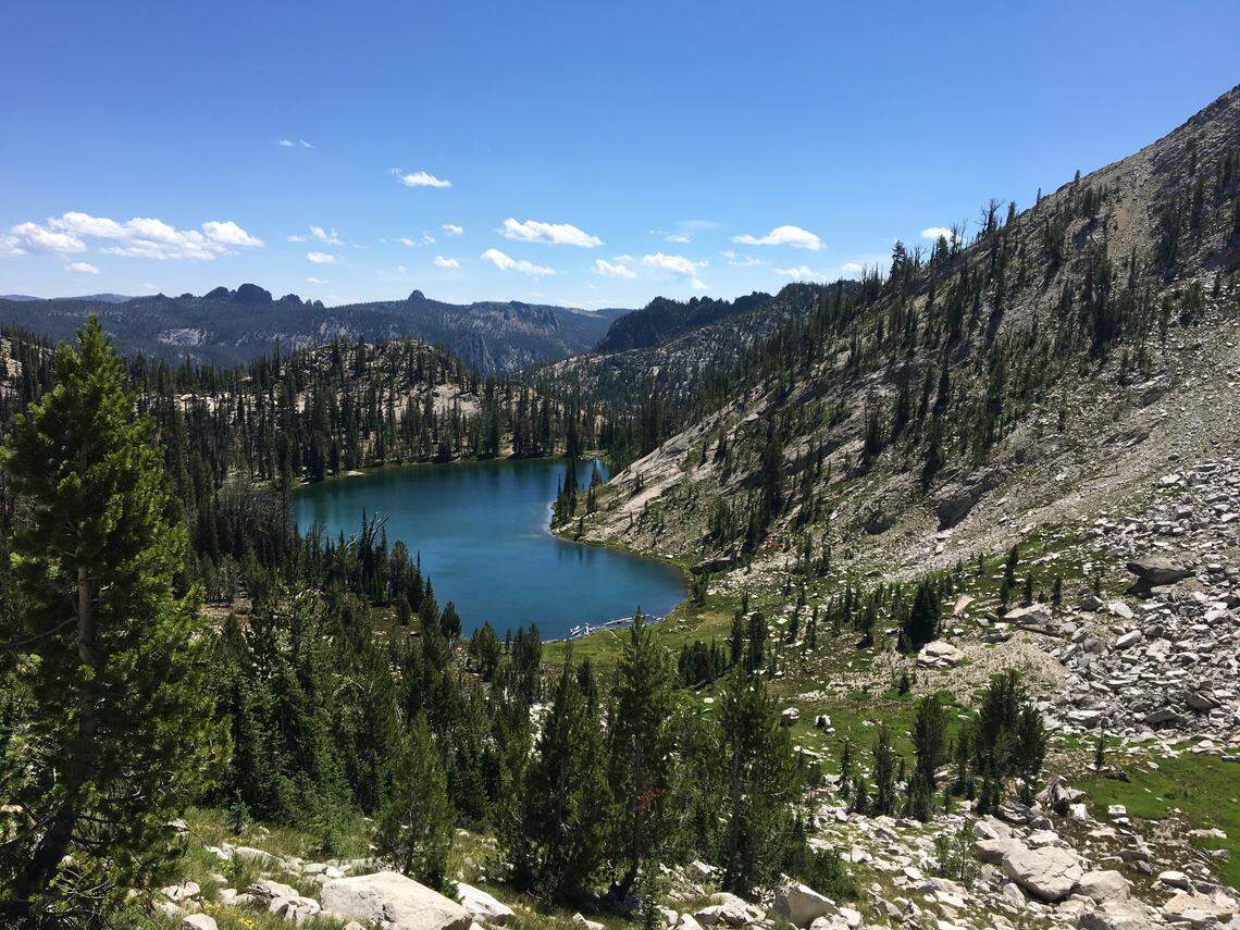 Can you tell why they call this Heart Lake? This is the view from a particularly well-designed, gradual trail climbing out of the basin of Heart Lake in the Bighorn Crags in Idaho in August 2019.