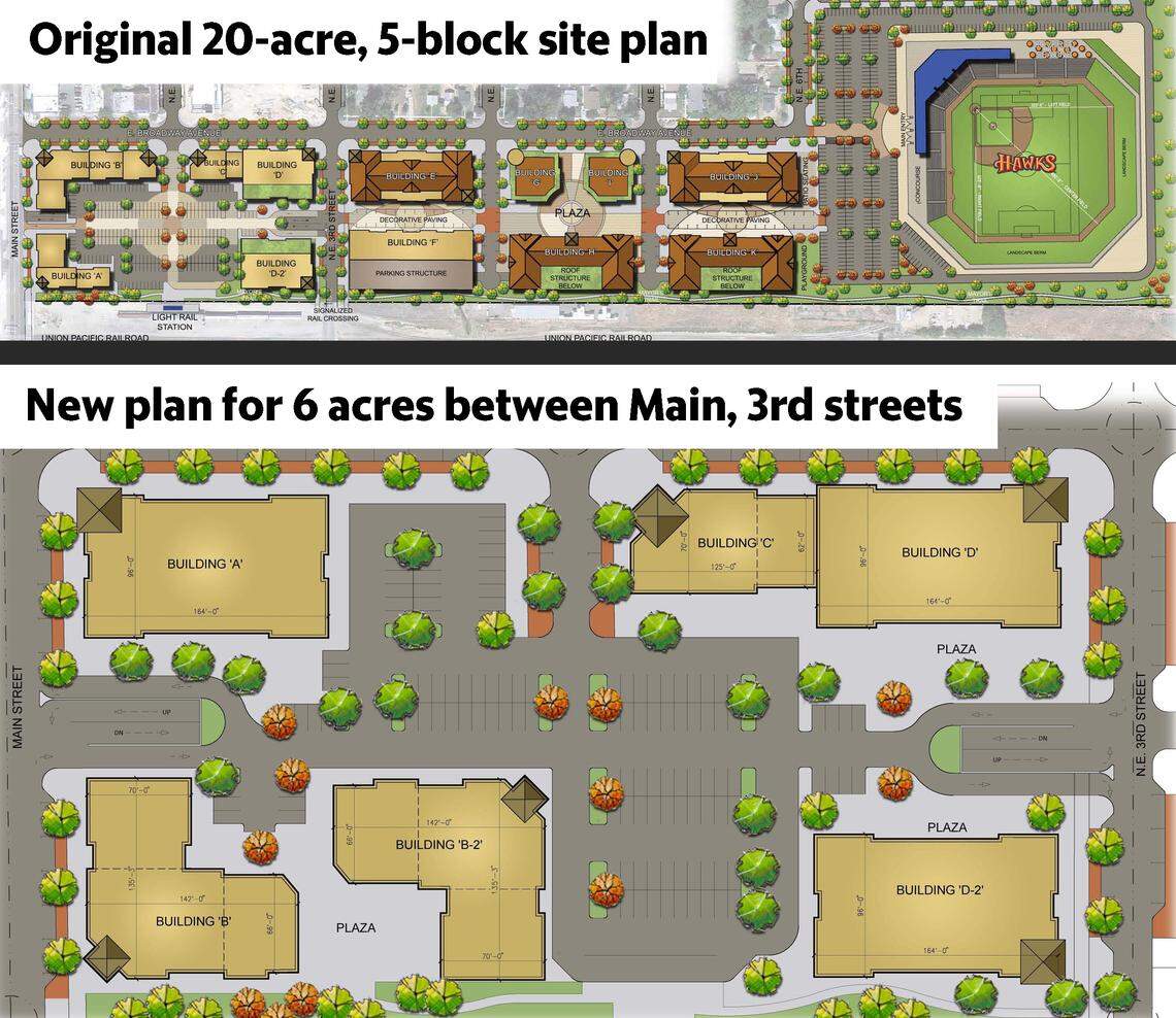 When Bill Ditz started working on plans to redevelop the 20-acre Union Pacific property north of the railroad, he envisioned a five-block development plus a new stadium for the Boise Hawks. After he could not persuade the two builder companies subleasing the land on the east part of the parcel, Union Pacific said they would be willing to sell their rights to a 6-acre block between Main and Third streets. His new plans include six buildings, including space for a children’s theater.