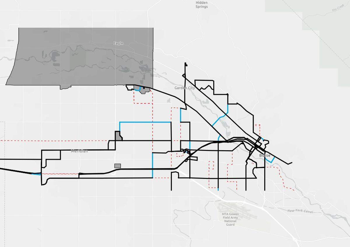 A map shows the expected changes to Valley Regional Transit’s routes in the Boise area. Black routes were not changed, blue routes are new routes, and dotted red lines show existing routes on the chopping block. The gray box around Eagle is the area served by the agency’s on-demand service, which lets riders request rides through an app. That coverage area is not expected to change.