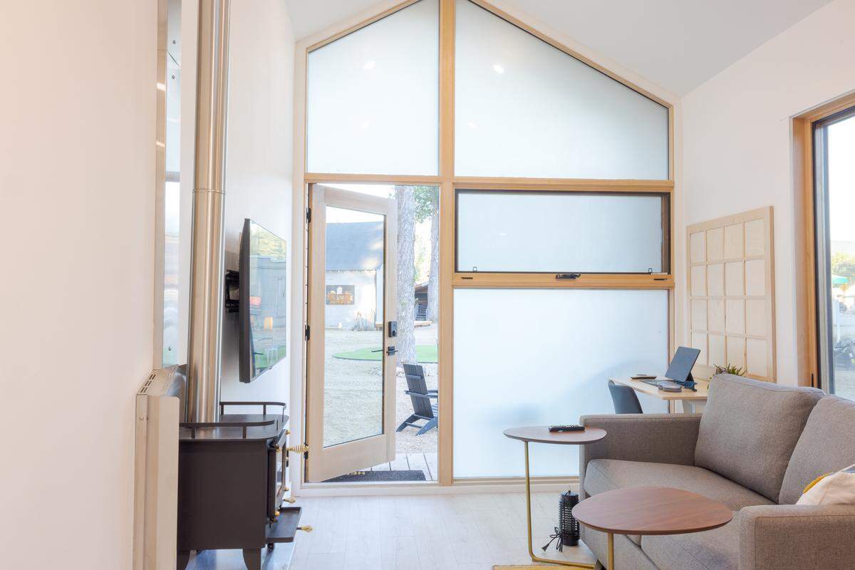 The Smokejumper Tiny Home Resort in Idaho City uses smart glass to turn windows from clear to frost.