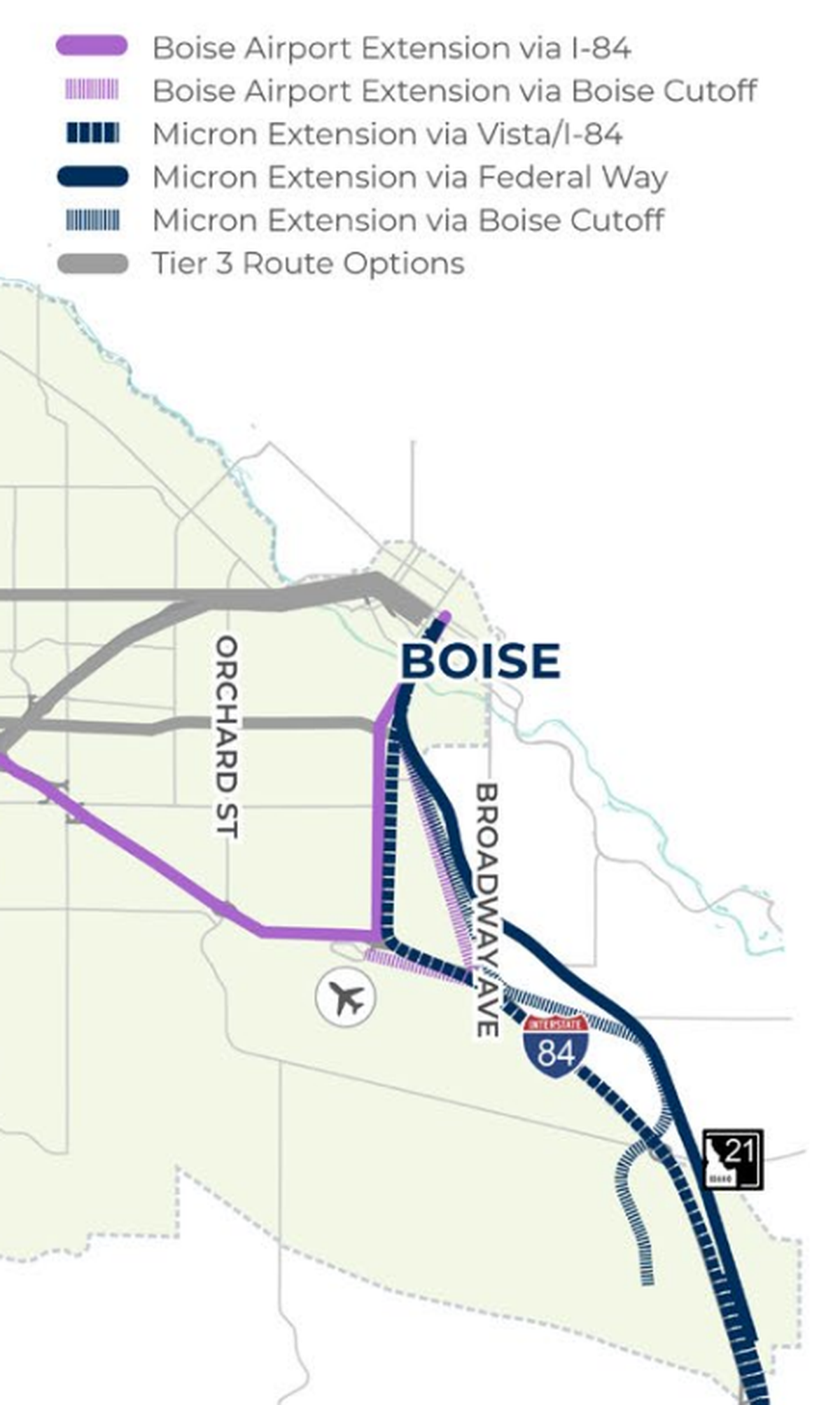 Possible routes for Micron and Airport extensions.