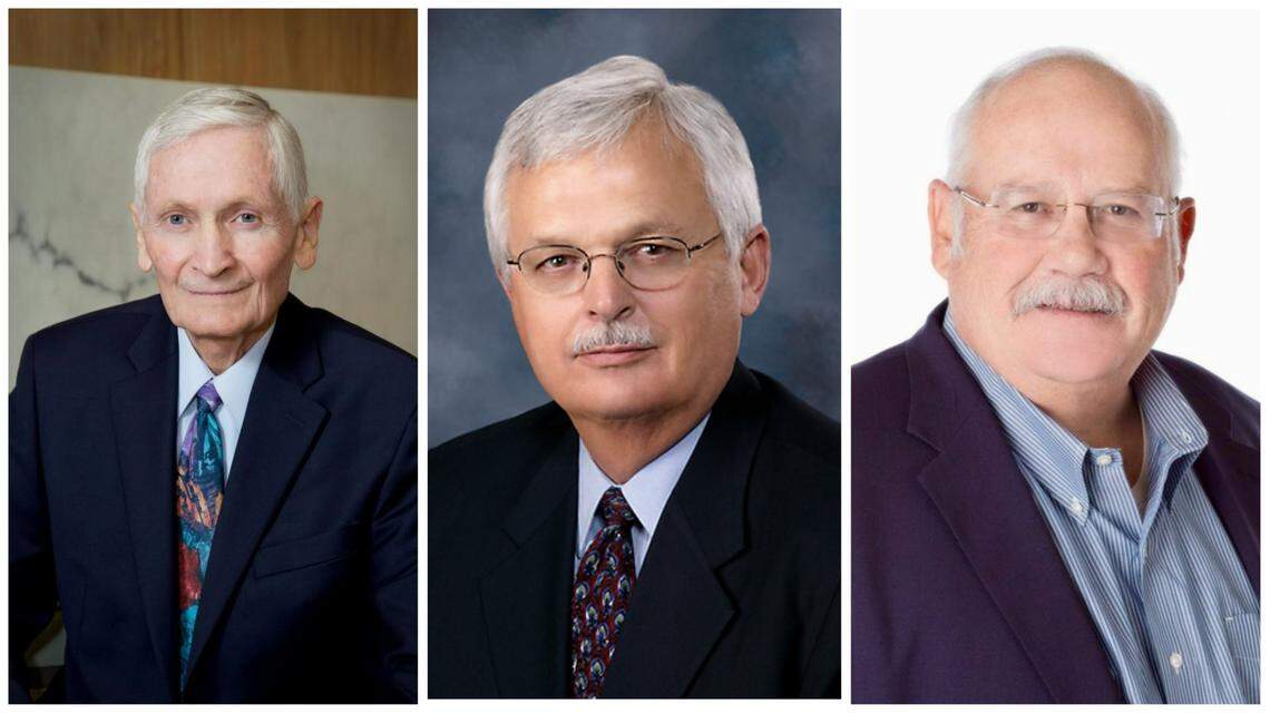 From left, former Idaho Attorney General and Idaho Supreme Court Justice Jim Jones, former Idaho Speaker of the House Bruce Newcomb and former Idaho Secretary of State Ben Ysursa.