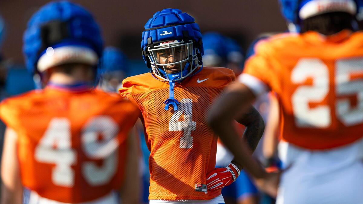 Boise State safety Rodney Robinson watches teammates run drills at fall camp in early August. Robinson said “the history and the culture of Boise State” are built on games like Saturday’s at Washington.