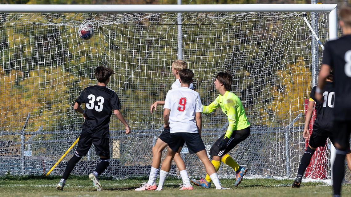 Rocky Mountain senior Oslo Hart scores a goal in the 46th minute. The Grizzlies defeated Owyhee 4-1.