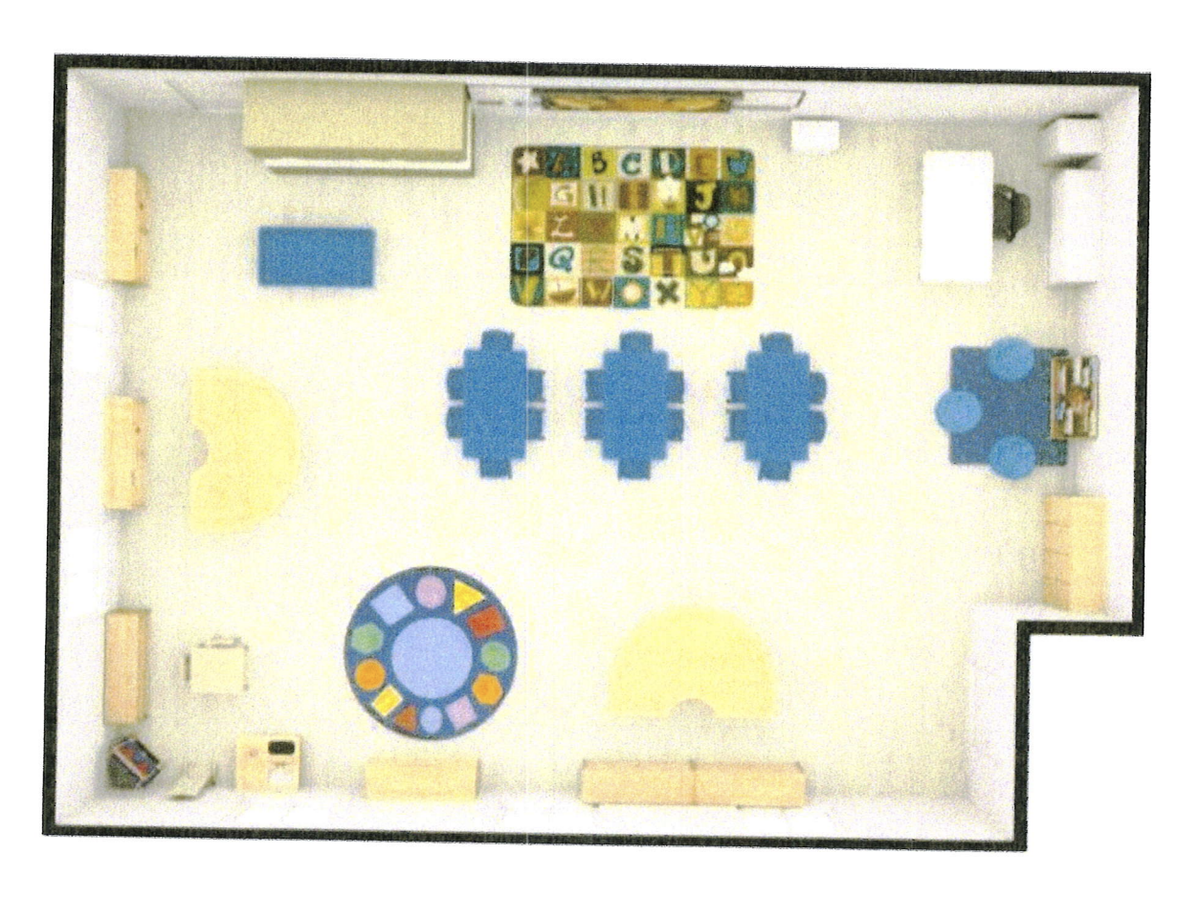 A rendering shows the proposed layout for one of Willow Tree Learning Center’s classrooms.
