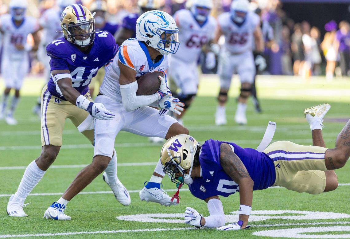 Boise State wide receiver Eric McAlister hauls in a catch in the fourth quarter.