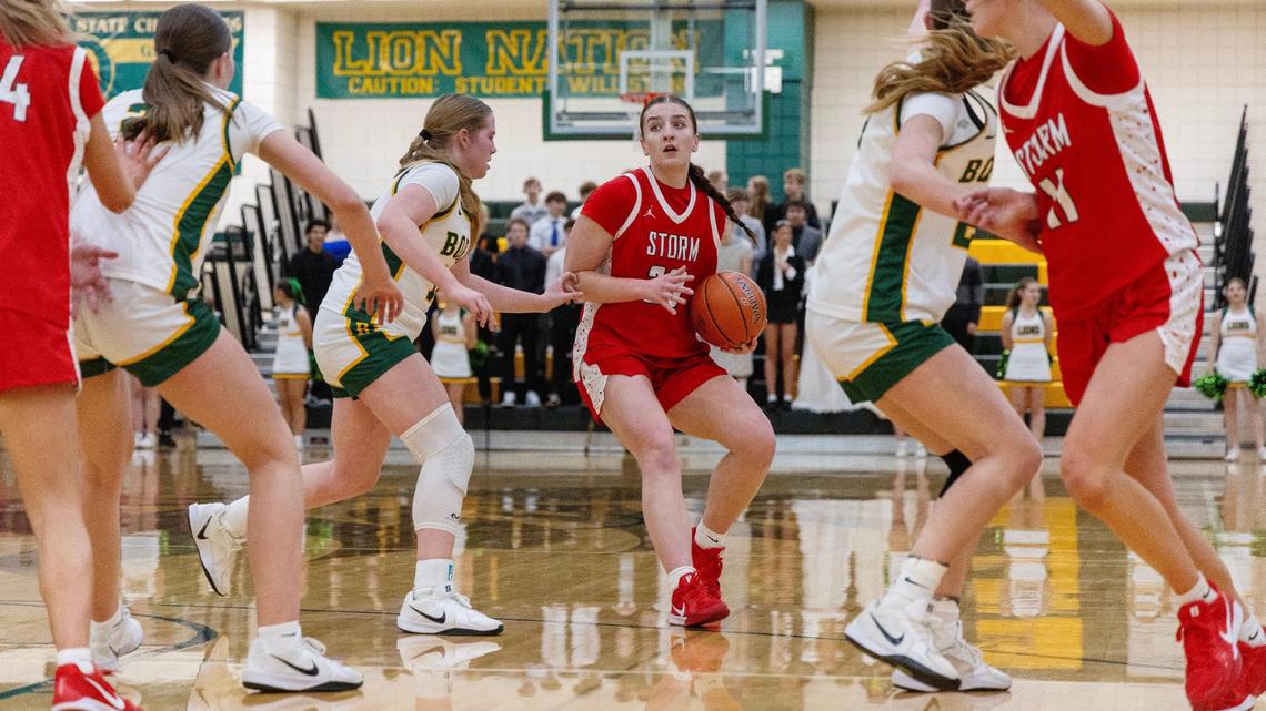 Owyhee senior Maiya Hardy controls the ball in the first half of their game Tuesday at Borah. The Storm won 46-29.