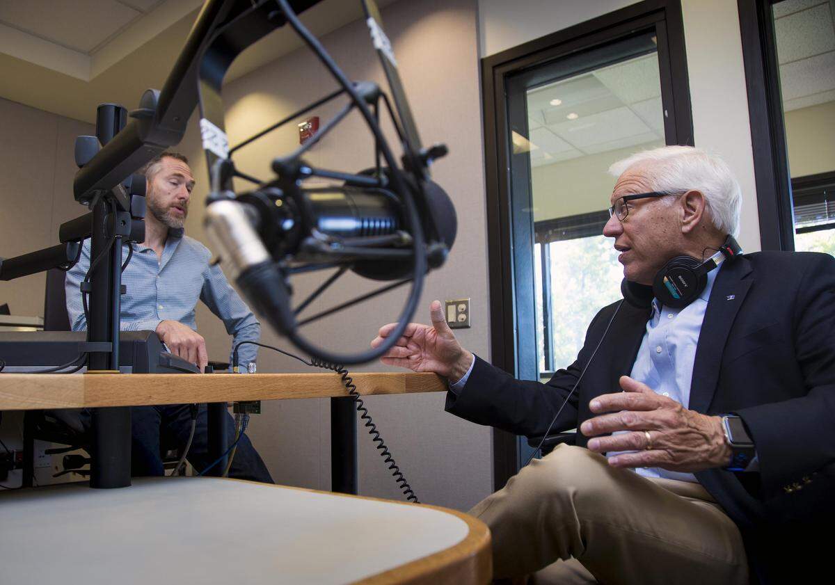 Bob Kustra talks with Tom Michael, general manager of Boise State Public Radio. Kustra will continue his "Reader's Corner" show and still be affiliated with the university's School of Public Service. He said staying involved makes leaving a lot easier. "These are just people with whom I work and I love and I respect their work. I don't want to sever all my ties and take off out of here like this last 15 years didn't exist."