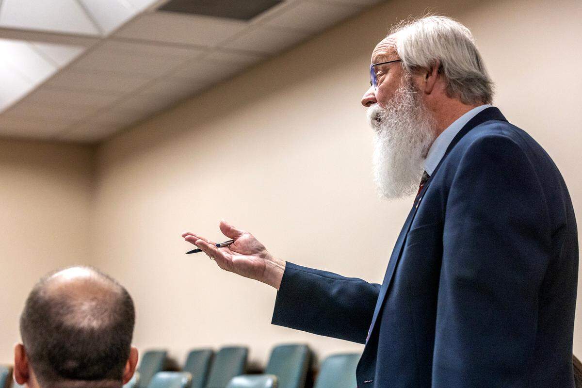 Latah County Prosecutor Bill Thompson speaks during Friday’s pretrial hearing for University of Idaho murder suspect Bryan Kohberger. Thompson has resisted defense calls for the release of DNA evidence.