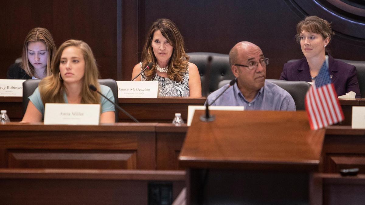 Lt. Governor Janice McGeachin speaks during her Education Task Force meeting at the Idaho State Capitol Building on July 29.