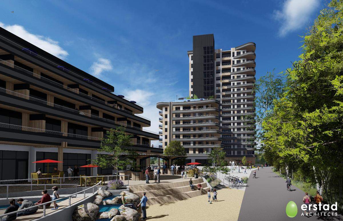 Erstad Architects created renderings of the proposed 18-story Boardwalk Residences. The five-story Boardwalk Apartments, at left, would have commercial and retail space on its ground floor. The Garden City Design Review Committee scheduled a public hearing on the building on Aug. 16.