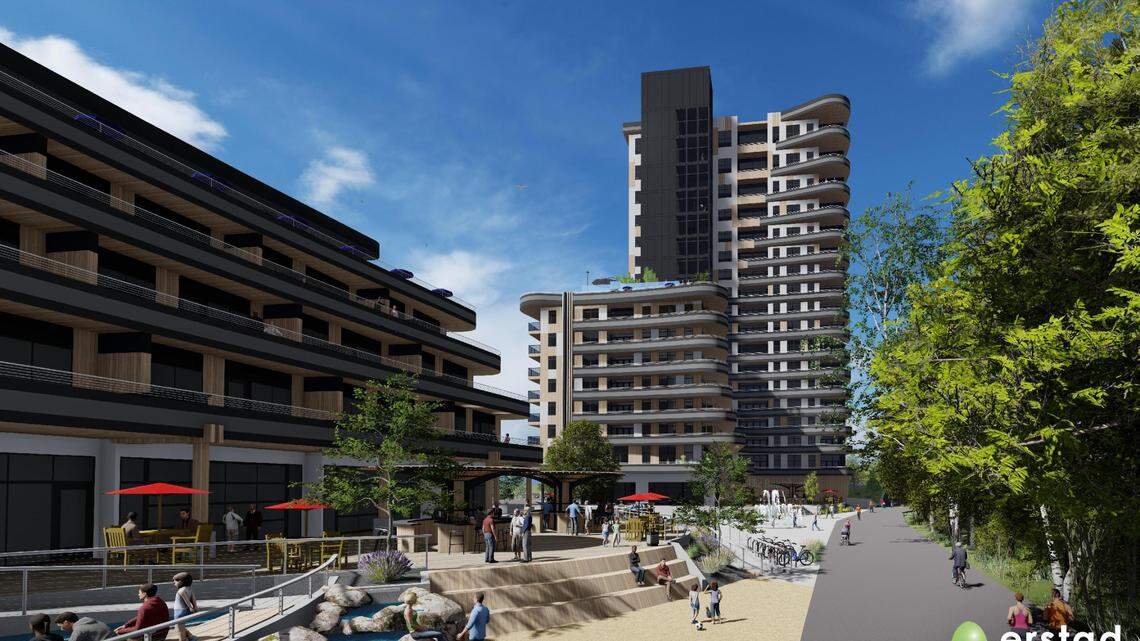 Erstad Architects created renderings of the proposed 18-story Boardwalk Residences. The five-story Boardwalk Apartments, seen to its left, will have commercial and retail space on its ground floor. The front of the buildings and the connecting public plaza will face the Greenbelt.