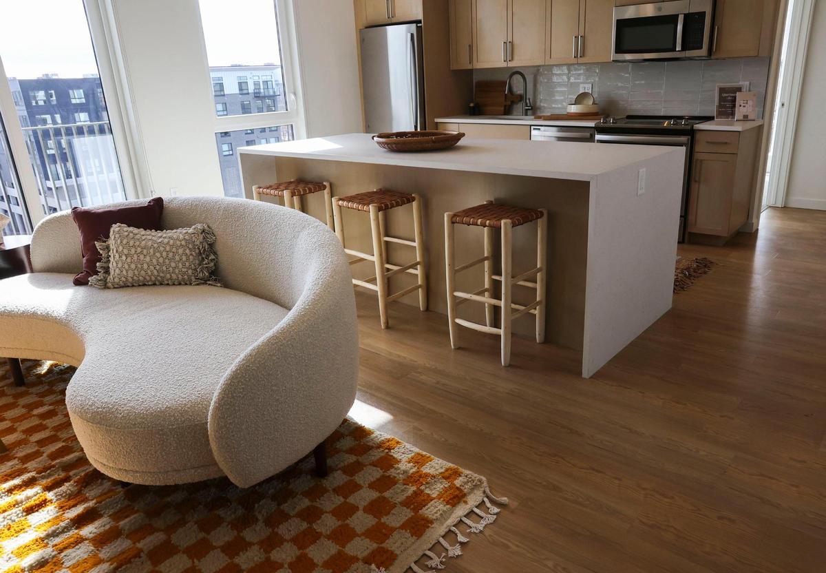 A furnished model of an eighth-floor, two-bedroom apartment at Hearth On Broad in downtown Boise shows prospective tenants one of the living space options. Rent at the brand new building is starting around $1,400 per month.