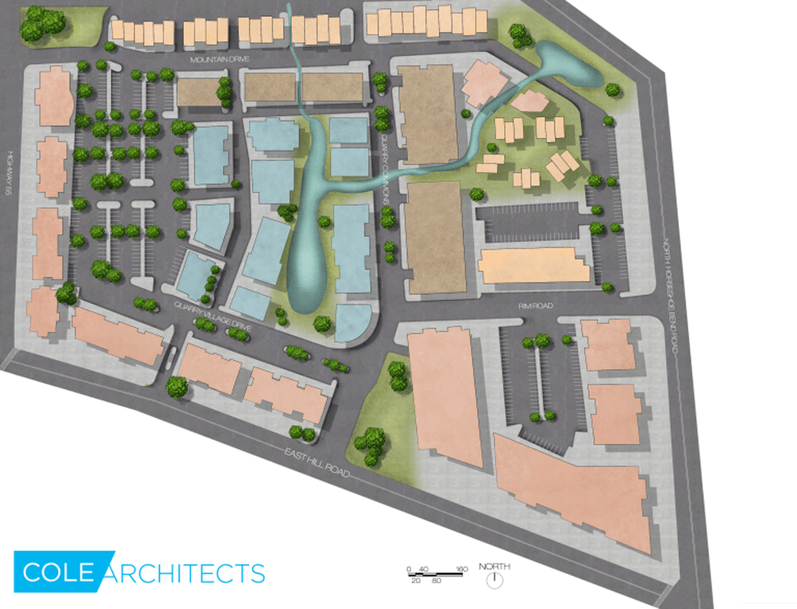 Cindy Greco owns 27 acres at the intersection of Hill and Horseshoe Bend Roads. This sketch outlines her original plans for her proposed Quarry Village development, including condos, retail and office space.