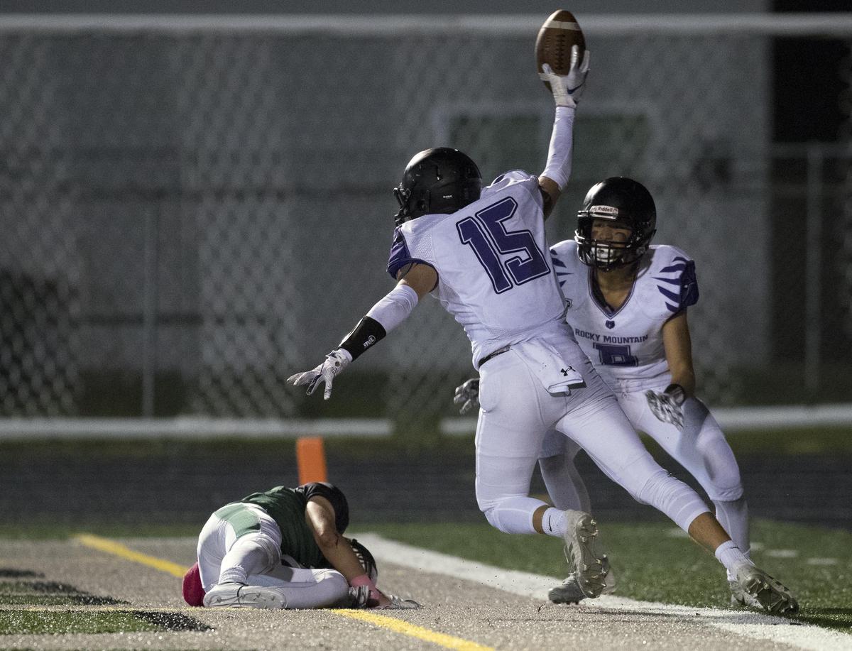 Rocky Mountain’s Jaxon Pabst celebrates one of his five interceptions earlier this season. The Grizzlies lead the 5A classification forcing  34 turnovers.