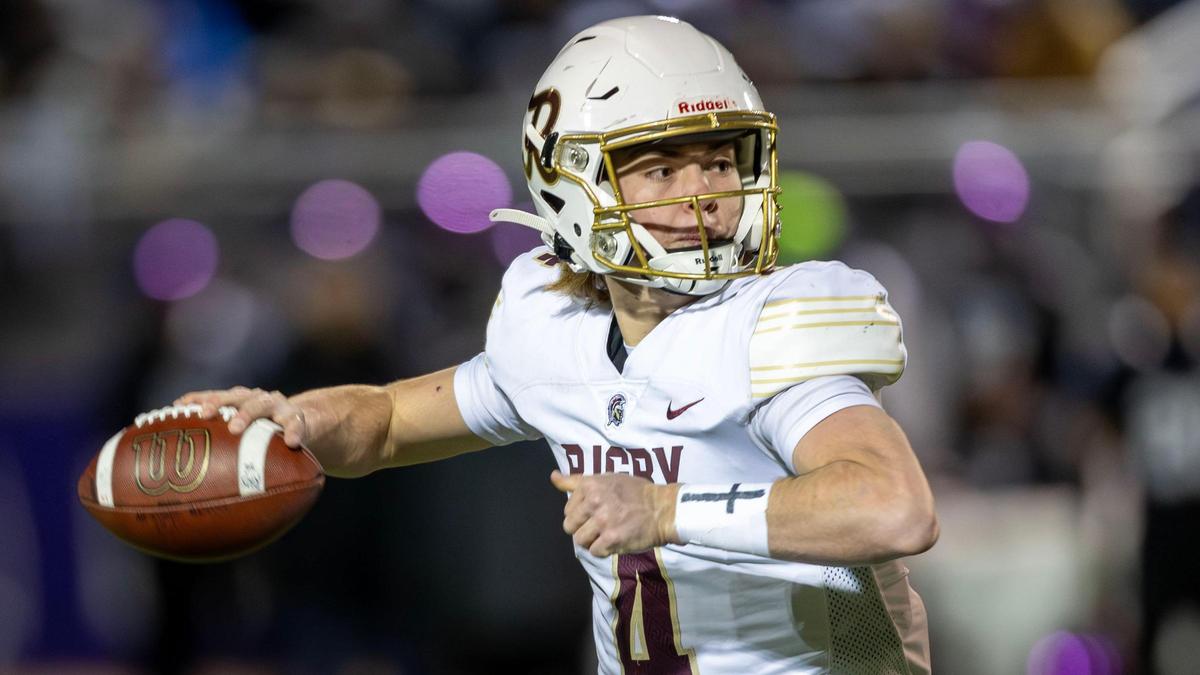 Rigby quarterback Jacob Flowers looks to pass against Rocky Mountain in the 6A semifinals last week.