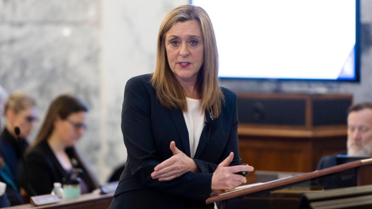 Lewis-Clark State College President Cynthia Pemberton addresses the budget-setting Joint Finance-Appropriations Committee during the 2023 legislative session.