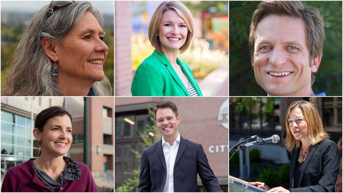 Protesters went to the homes of several Boise and Ada County elected officials. Top, from left: Boise City Council President Elaine Clegg, Council Member Holli Woodings, Council Member T.J. Thomson. Bottom, from left: Ada County Commissioner Diana Lachiondo, Council Member Patrick Bageant, Mayor Lauren McLean.