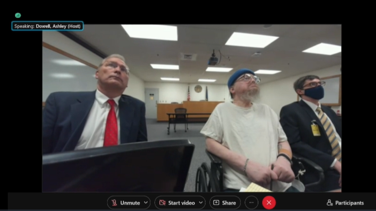 Idaho death row inmate Gerald Pizzuto, center, attends his clemency hearing on Tuesday, Nov. 30, 2021. Idaho Attorney General Raúl Labrador again seeks to execute him with a new death warrant.