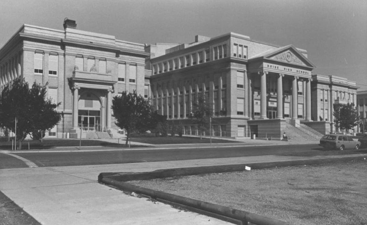 This photo from 1980 shows Boise High School in what appears to be an unpainted condition, suggesting that the iconic school front has not always been painted white.
