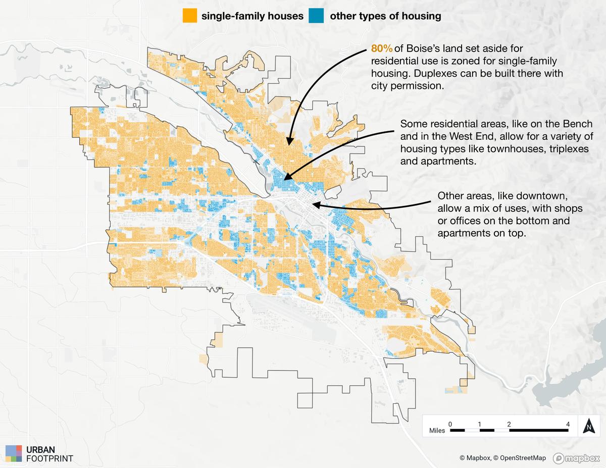 The map above shows land exclusively zoned for residential use in Boise. On 80% of Boise’s residential land, it is illegal to build anything other than a single-family home or, with the city’s permission, a duplex.