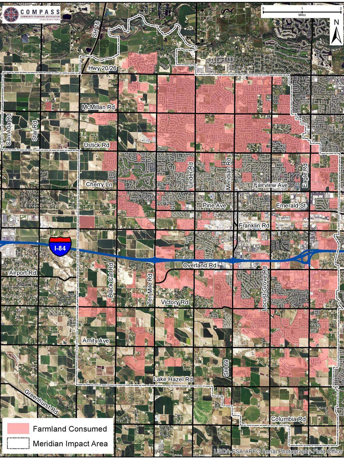 A map produced by the Community Planning Association of Southwest Idaho shows how much farmland in Meridian and its neighboring impact area has been converted to other uses since 2000. The areas in pink show land formerly used for farms.