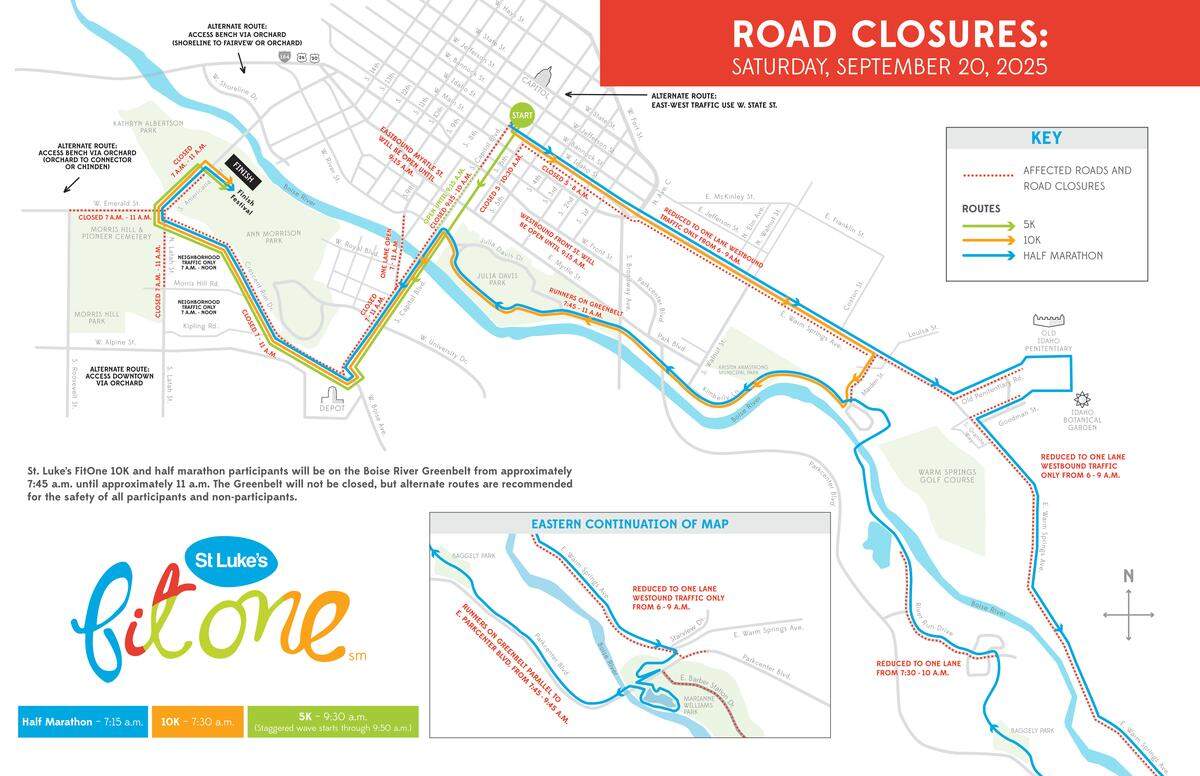 The 2025 FitOne racecourse starts at the Boise Capitol and heads through several Boise neighborhoods and onto the Greenbelt. It ends at Ann Morrison Park. 