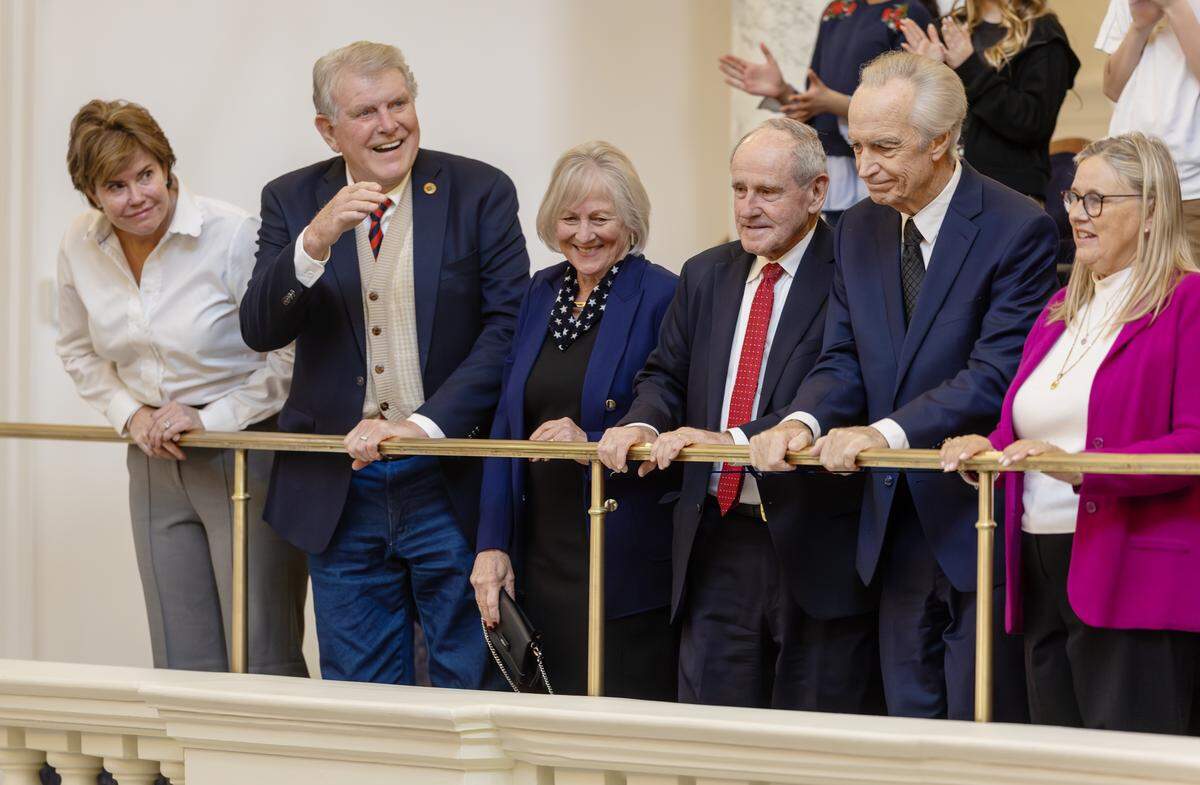 Idaho’s past three governors — from left, Butch Otter, Jim Risch and Dirk Kempthorne, and first ladies Lori Otter, Vicki Risch and Patricia Kempthorne — are honored during the State of the State address. 