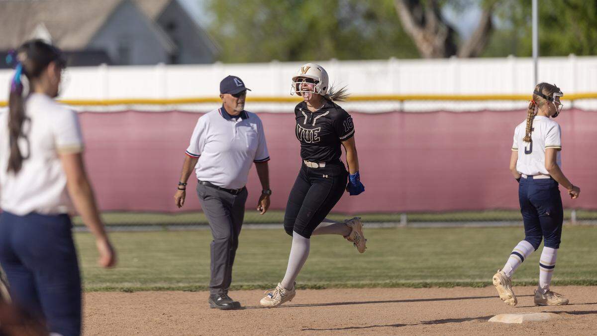 Vallivue junior Kenley Leuthold runs the bases in their game against Middleton for the 5A District Three softball championship title, Thursday May 7, 2026, at Columbia High School.