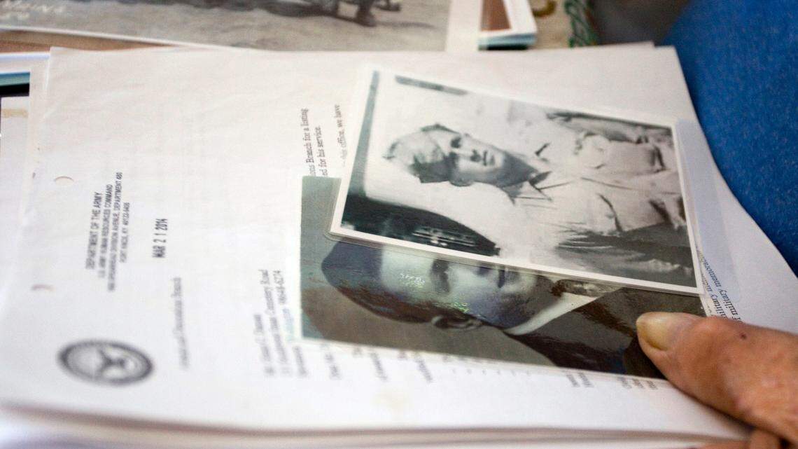 Wilber Tanner holds documents about his his uncle, U.S. Army Air Forces Sgt. Charles H. Daman at his home in Moscow. Daman was killed on April 4, 1945, when his B-24G was shot down over Germany. Seventy-three years after his bomber was shot down over East Germany, Staff Sgt. Charles H. Daman has come home.