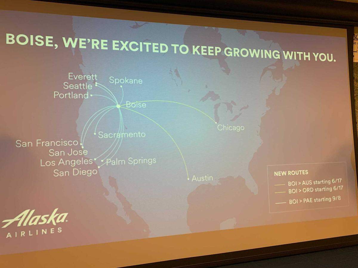 Alaska Airlines’ flights from Boise as displayed on a projection screen at the Boise Airport on Wednesday, the day the airline announced direct flights starting later this year to two more cities: Austin, Texas; and Chicago.