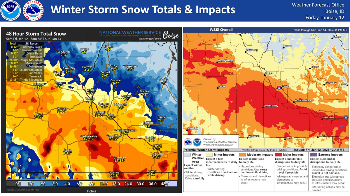 The predictions for snow in Idaho as of Friday morning, with the heaviest snow occurring south of Boise in Owyhee County.