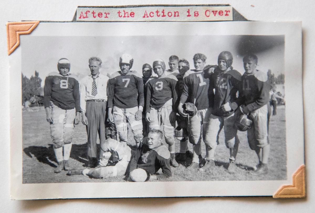 Bill Platts, hidden in the shadows between No. 7 and No. 3 — “the big boys” — remembers the mis-matched uniforms of the Paul, Idaho, football team Ñ but it didn’t matter. The sacrifices of World War II led to a community spirit that got America through the war, he says.