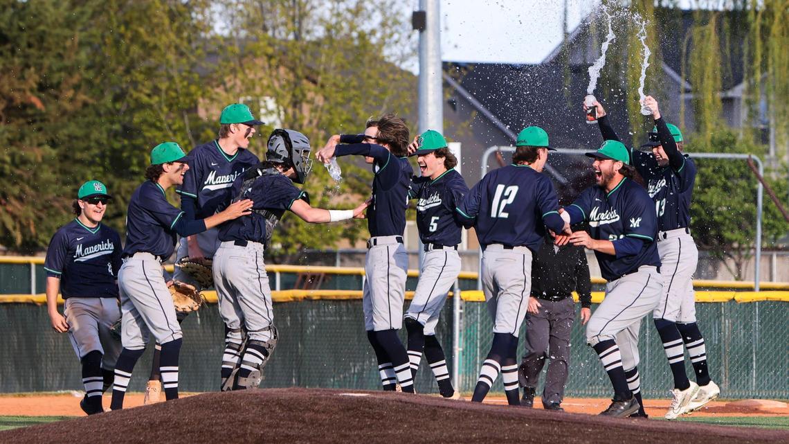 Mountain View celebrates a 6-0 win over Rocky Mountain to cap a sweep of the 5A District Three baseball championship series Wednesday at Rocky Mountain High.