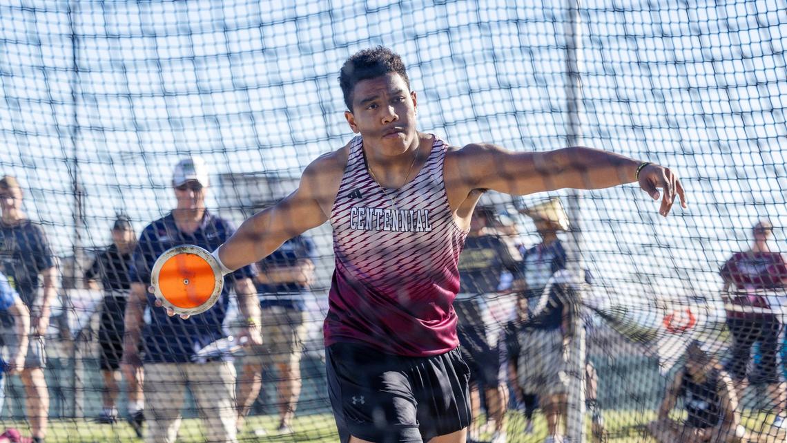 Centennial senior Kai Twaddle-Dunham set meet records in the boys shot put and discus at the 5A District Three Track and Field Championships at Middleton High.