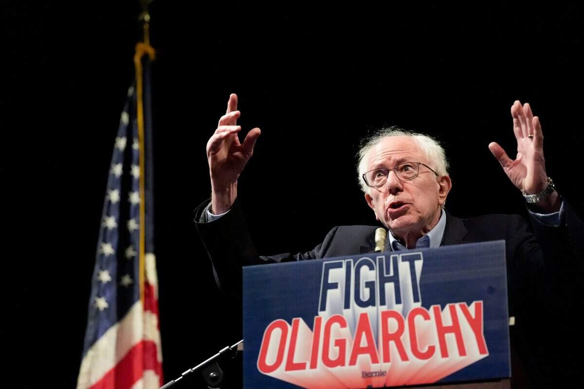 Vermont Sen. Bernie Sanders speaks to the crowd during his “Fighting Oligarchy” tour on Feb. 22 at The Englert Theatre in Iowa City, Iowa. Sanders will be at the Ford Idaho Center in Nampa on April 14.