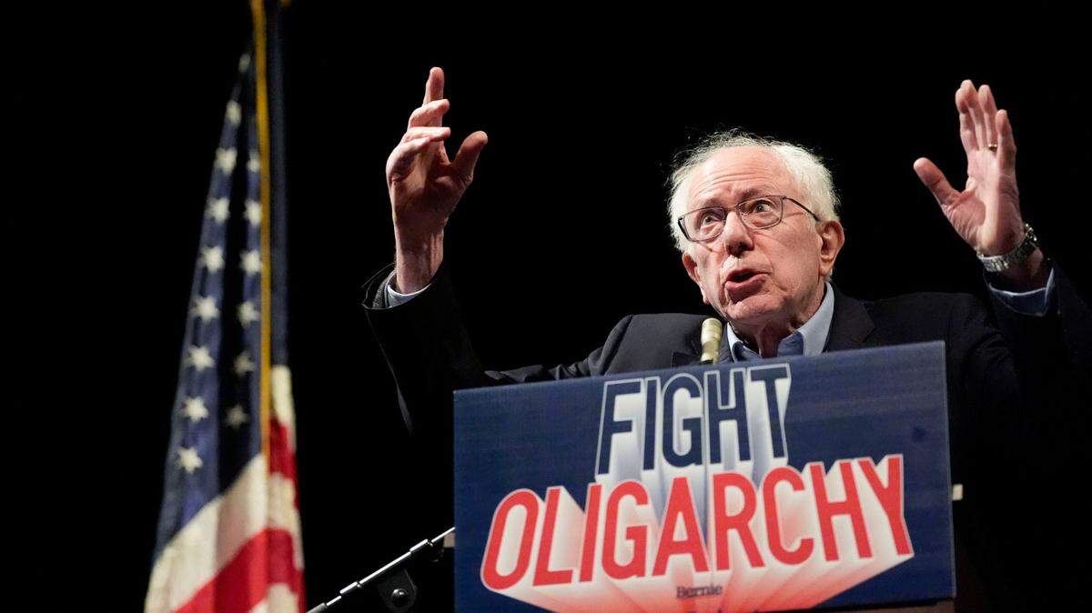 Vermont Sen. Bernie Sanders speaks to the crowd during his “Fighting Oligarchy” tour on Feb. 22 at The Englert Theatre in Iowa City, Iowa. Sanders will be at the Ford Idaho Center in Nampa on April 14.