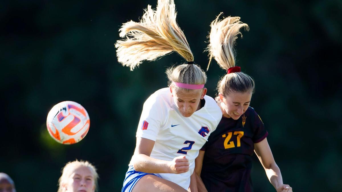 Boise State junior Jocelyn Stephens jumps for a header with Arizona State’s Lauren Kirberg during a nonconference women’s soccer game Thursday at Boas Soccer Complex in Boise.