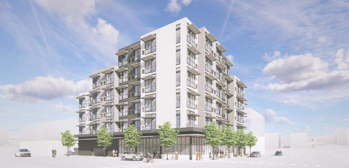 This rendering shows a potential new seven-story building at 1522 W. State St. on the northeast corner of State and 16th streets. The building would have 104 studio apartments, retail space and a parking garage.