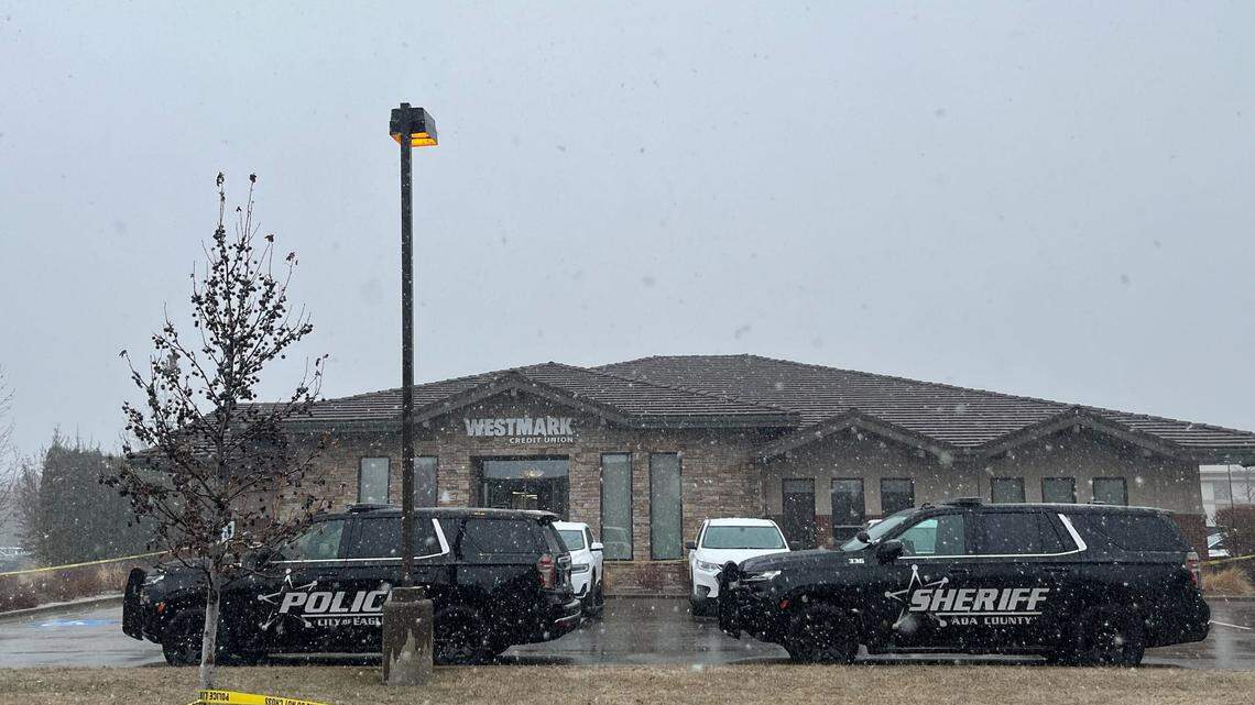 Eagle police respond to a shooting at the Westmark Credit Union in Eagle on Wednesday.
