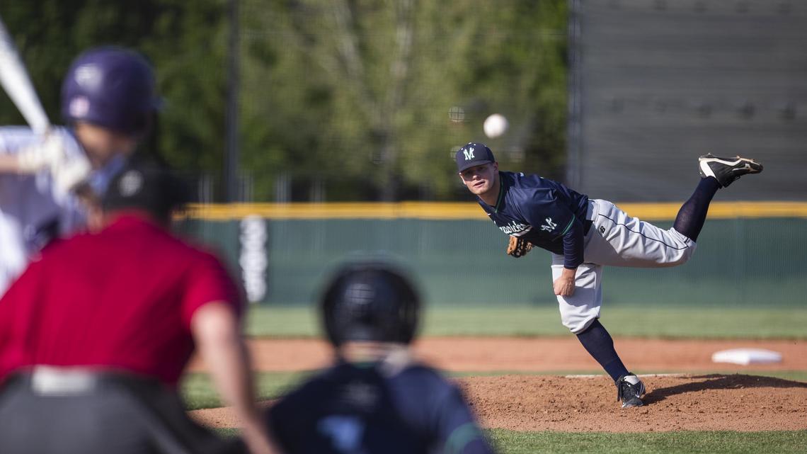 Mountain View senior Riley Harrison pitches in the first inning against Rocky Mountain in the second game of a best-of-three series for the 5A District 3 championship Wednesday, May 8, 2019, in Meridian.