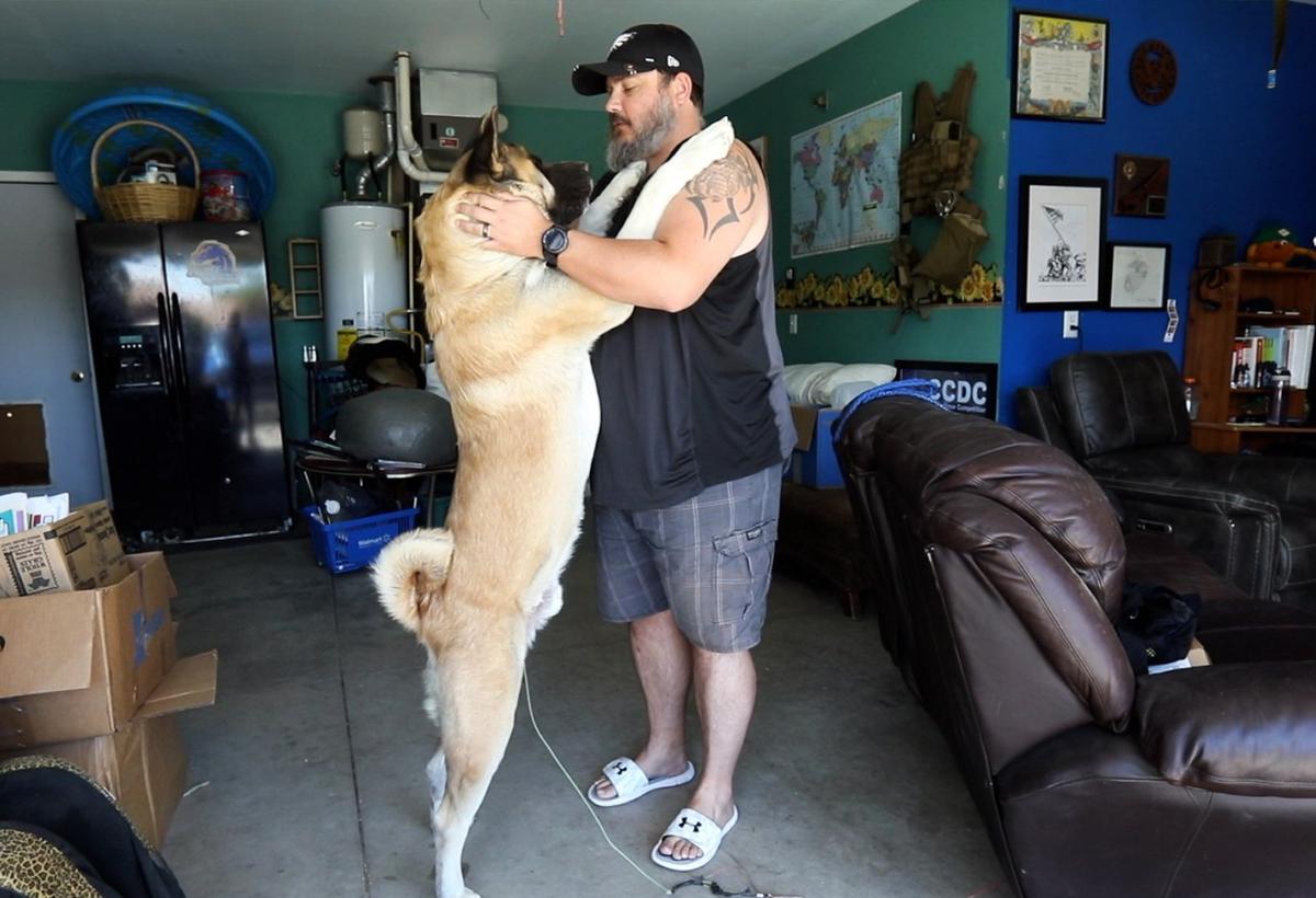 Nic Day trained his service dog, Atlas, to jump up on him when Atlas senses Day is agitated. “I’m not fond of a 90-pound dog jumping on me,” said Day, so Atlas’ actions help redirect Day and give him a moment to calm himself.