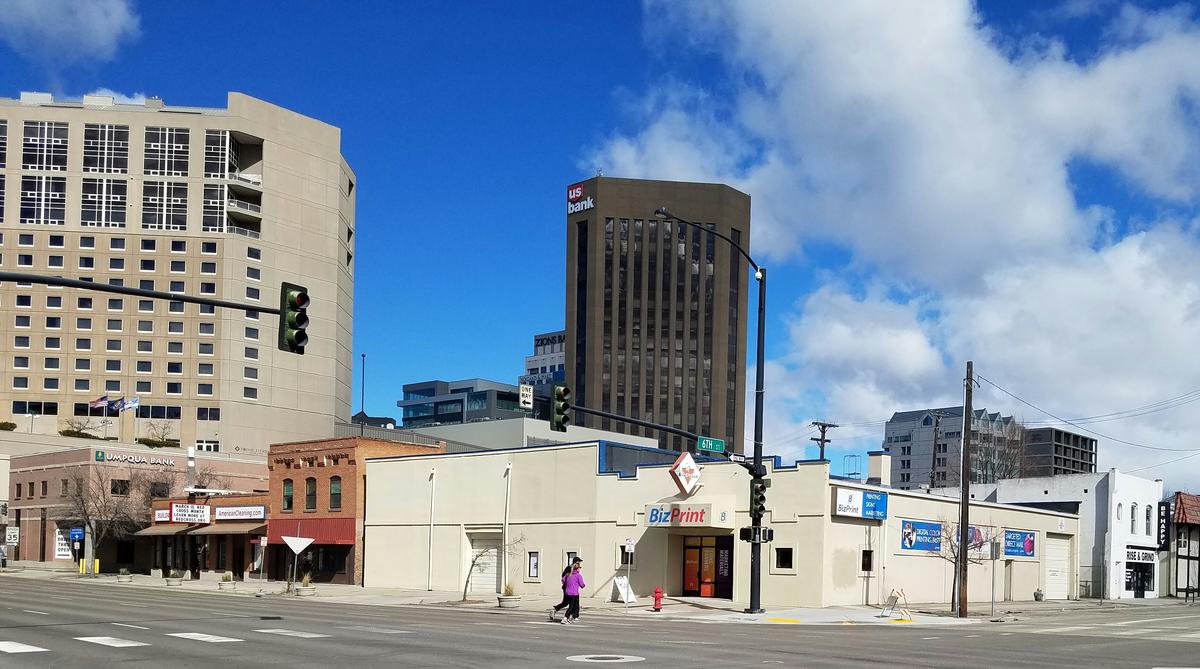 The BizPrint building at 600 W. Front St. would be replaced by an eight-story building with ground-floor retail and either apartments or condominiums under an application submitted to the city of Boise.