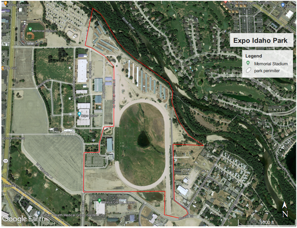 An aerial view of the property which Ada County plans to turn into a park and recreation area. The property currently consists of a horse racing track and stables, which can be seen along the Boise River to the north of the track. The grandstands are left of the track.
