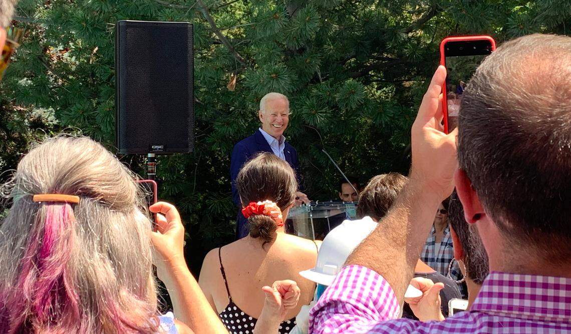 Joe Biden address donors at a private fundraiser in Boise on Tuesday, Aug. 6.