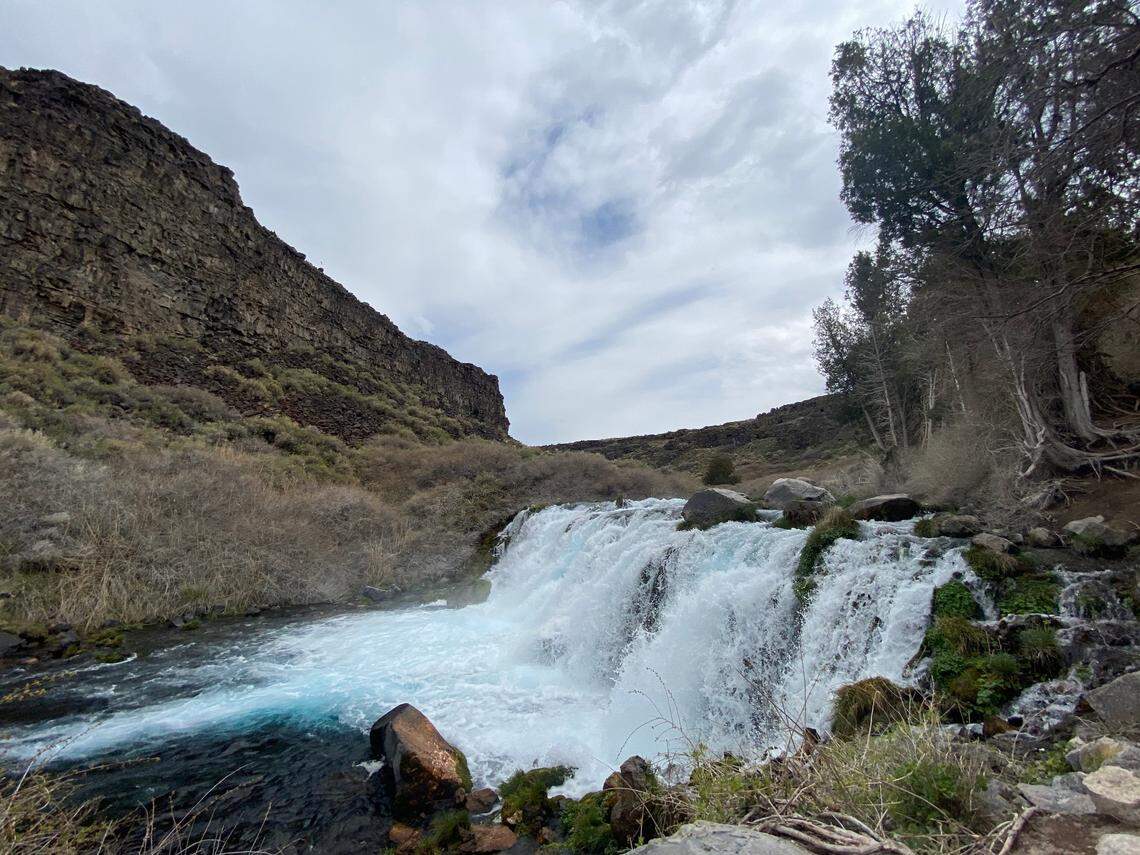 The Box Canyon Springs Trail takes hikers past a waterfall of spring water which pours into a deep blue pool.