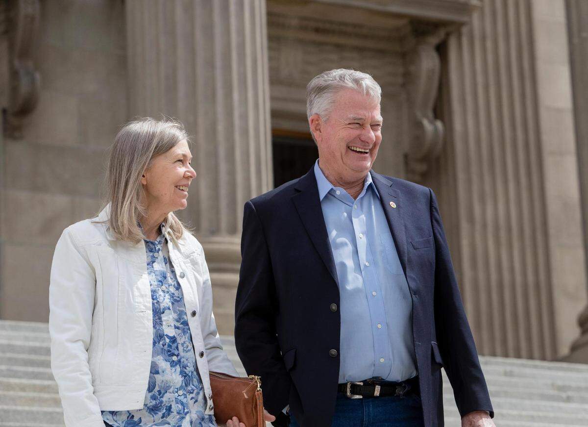Teresa Little stands beside her husband, Idaho Gov. Brad Little, as the couple attends the Republican Party unity rally on the steps of the Capitol on Wednesday.