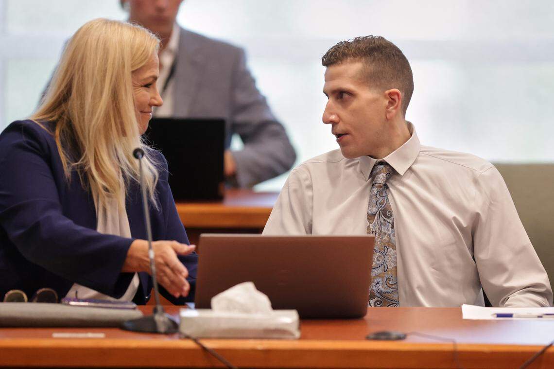 Anne Taylor, left, appeared with defendant Bryan Kohberger during his change of plea hearing earlier this month at the Ada County Courthouse. He pleaded guilty to four counts of first-degree murder.